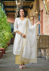 Off White Abstract Printed Cotton Kurta Pant And Dupatta Set With Sequins & Thread Work-P1070OFFWHITE